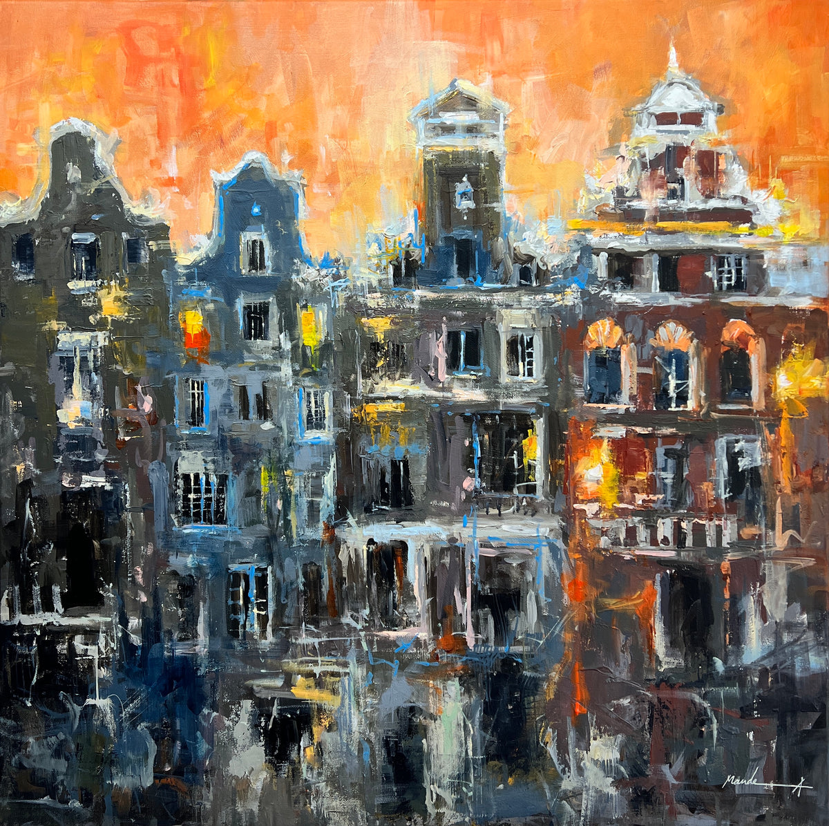 An expressive painting of Amsterdam canal houses at sunset, featuring bold brushstrokes in orange, yellow, blue, gray, and black, with a signature in the lower right corner.