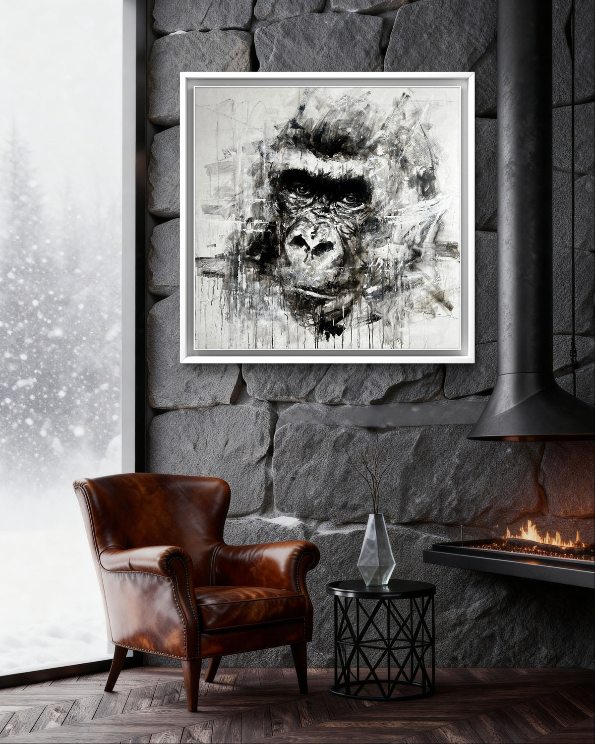 Abstract black and white gorilla painting on a stone wall