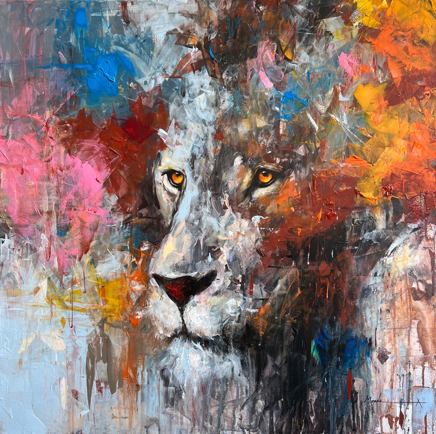Abstract impressionist painting of a lion's face with intense golden eyes emerging from vibrant splashes of blue, pink, orange, and yellow paint.