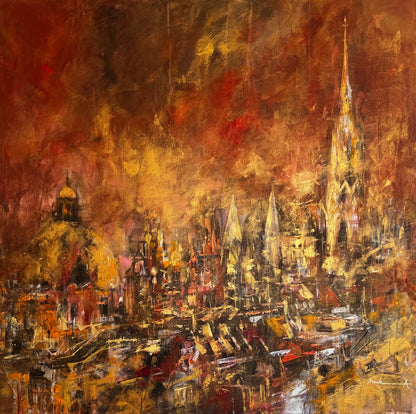 Abstract painting of Vienna cityscape with warm colors of gold