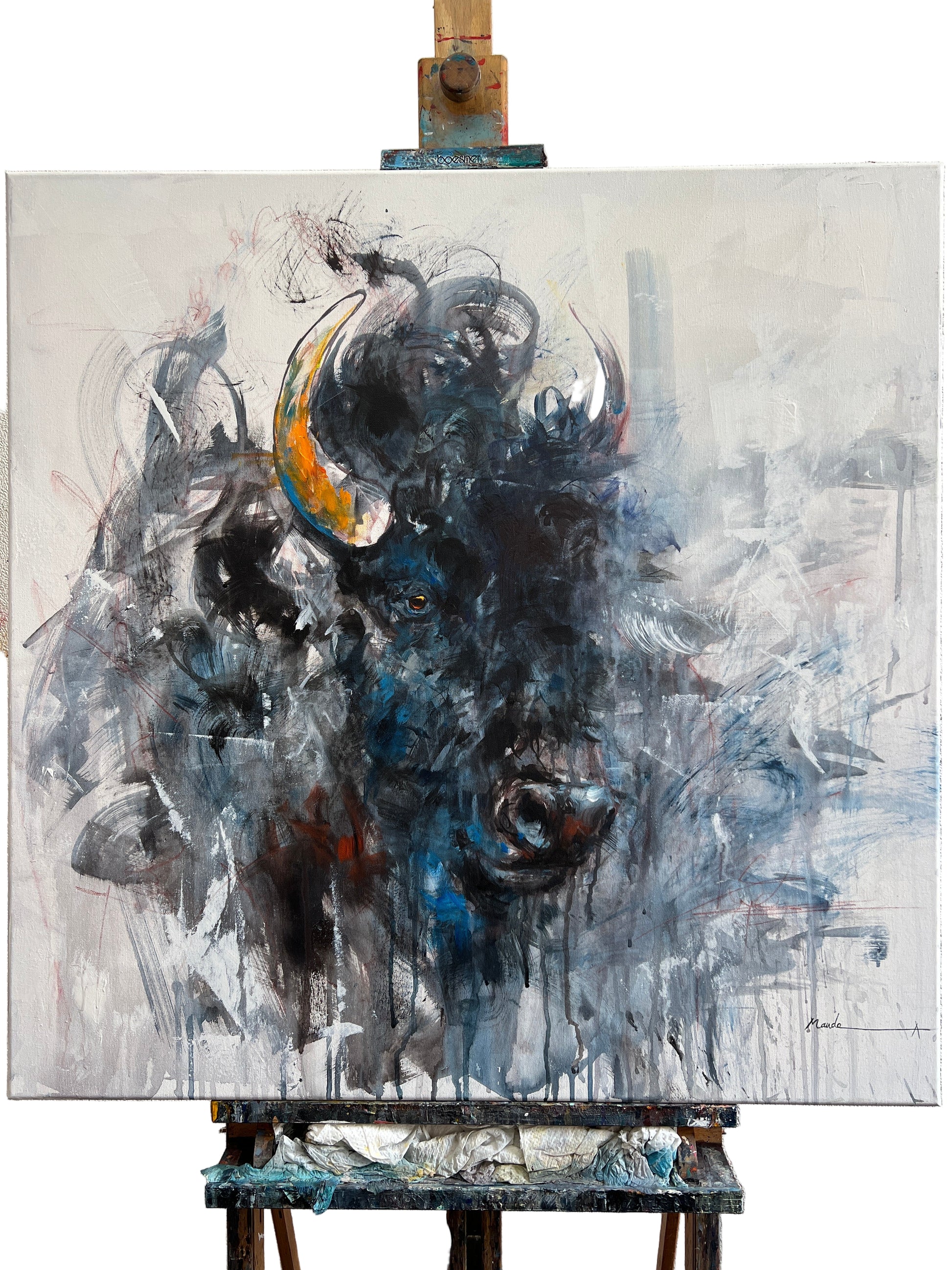 Abstract Bull painting on a textured wall with visible brush strokes