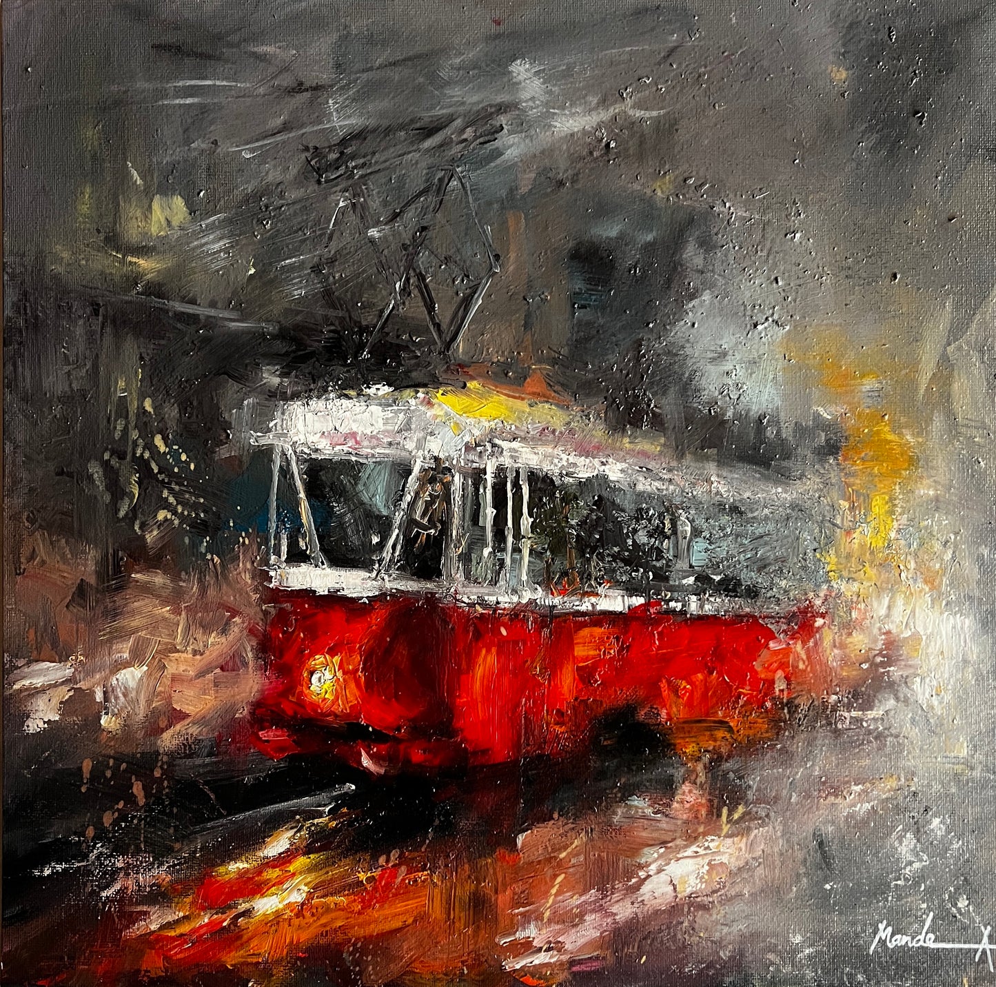 Abstract painting of a red old tram on a dark background
