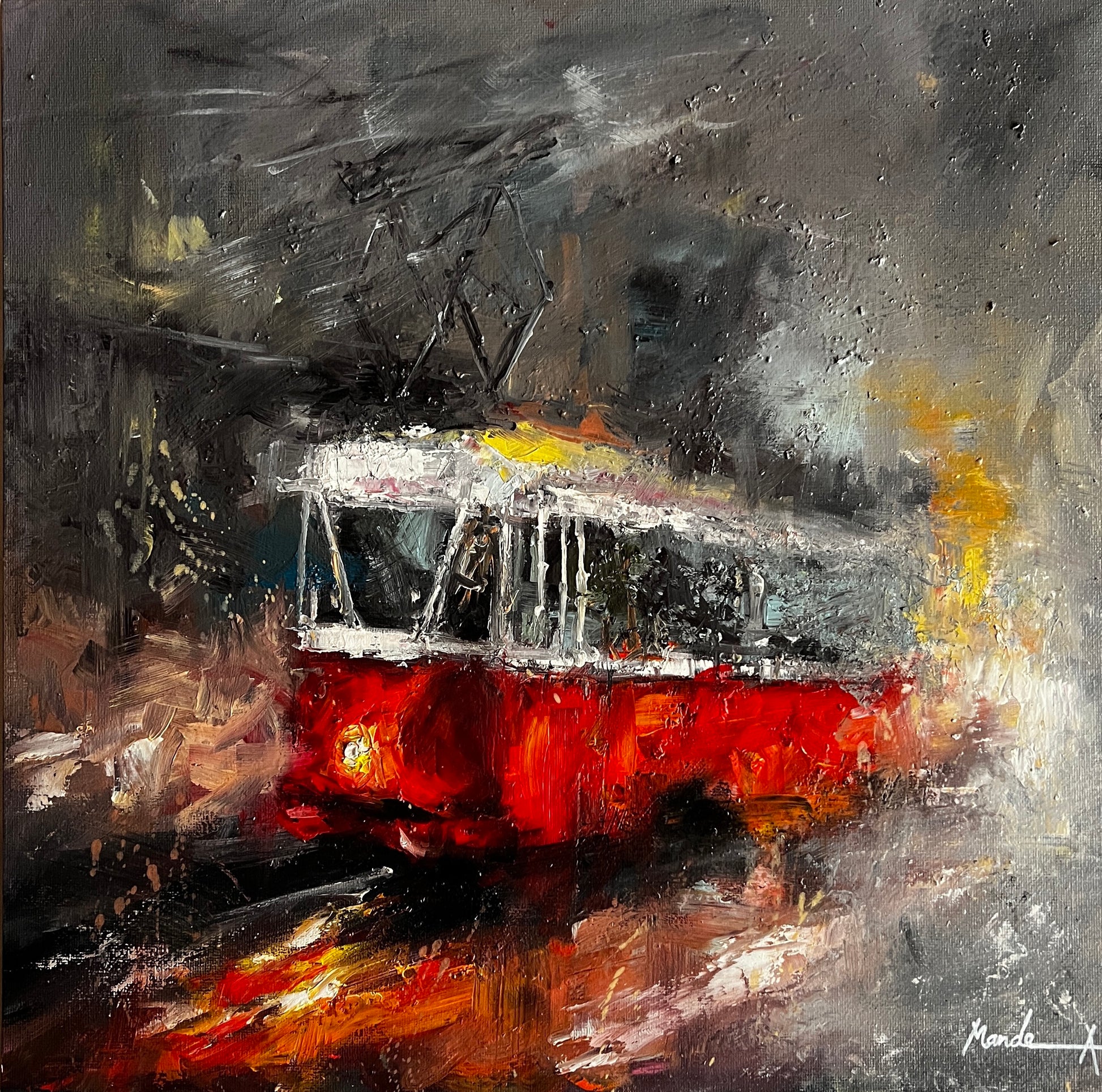 Abstract painting of a red old tram on a dark background