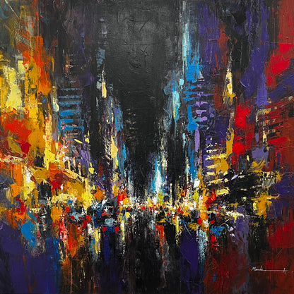 Abstract painting of a city street at night with vibrant colors
