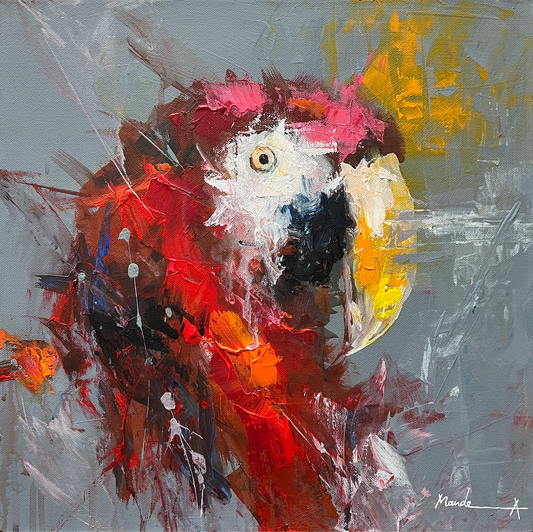 Abstract painting of a parrot with vibrant colors on a gray background