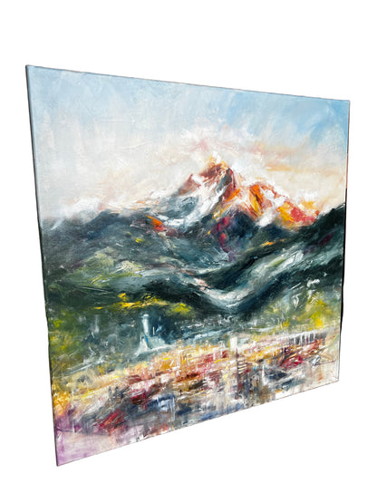 Abstract painting of a innsbruck mountain landscape with colorful brushstrokes on a white background