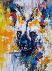 Colorful abstract painting of a hyena's face