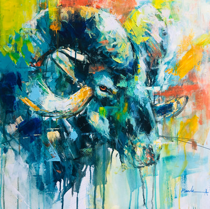 Colorful abstract painting of a mountain goat with expressive brushstrokes and vibrant tones