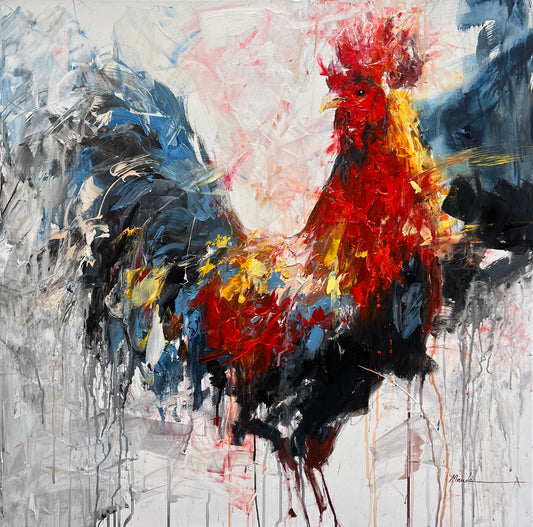 Abstract Rooster Painting - Large Original Acrylic by Mande