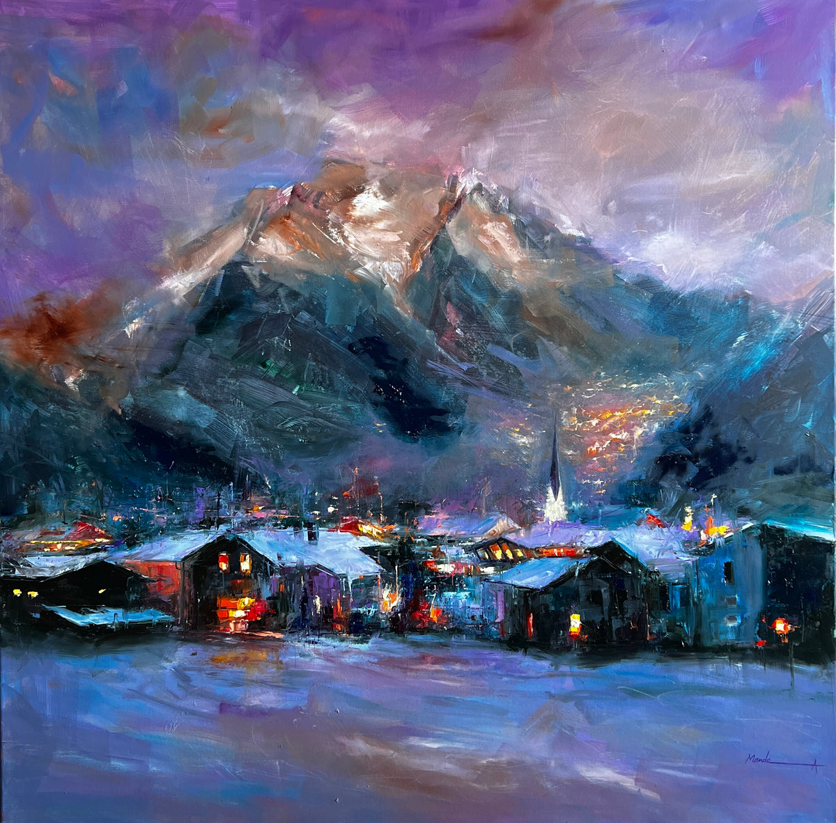 Painting of a mountain village at night with illuminated buildings and snow-covered landscape.