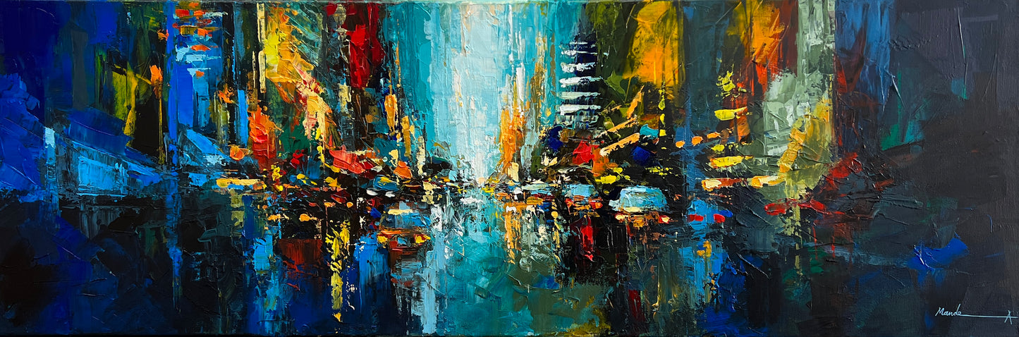 Abstract painting of a cityscape with vibrant colors