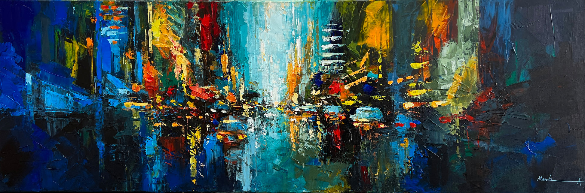 Abstract painting of a cityscape with vibrant colors