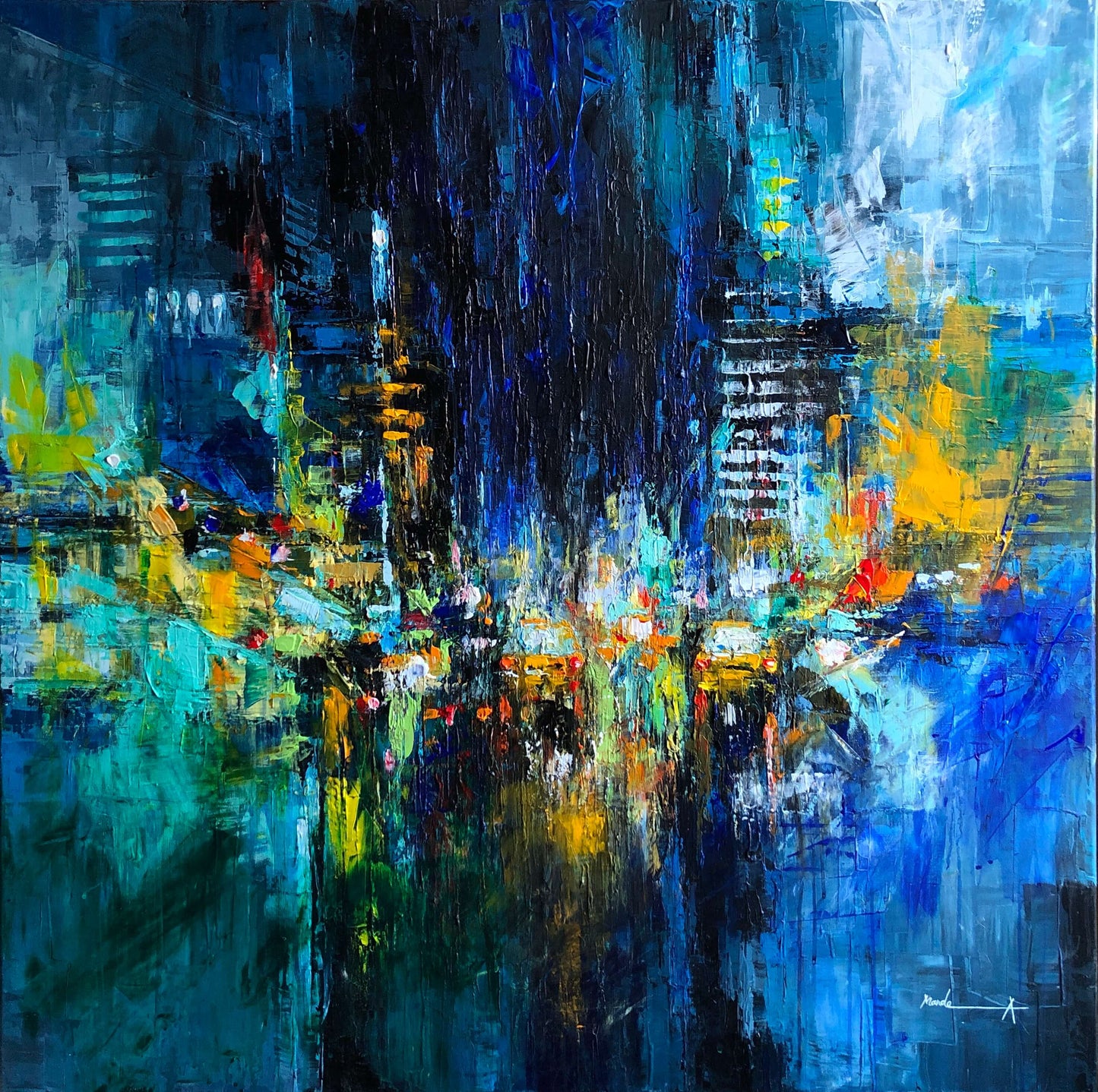 Abstract  cityscape painting with vibrant blue brushstrokes, yellow and orange accents, depicting an energetic urban landscape with architectural elements emerging from layered color