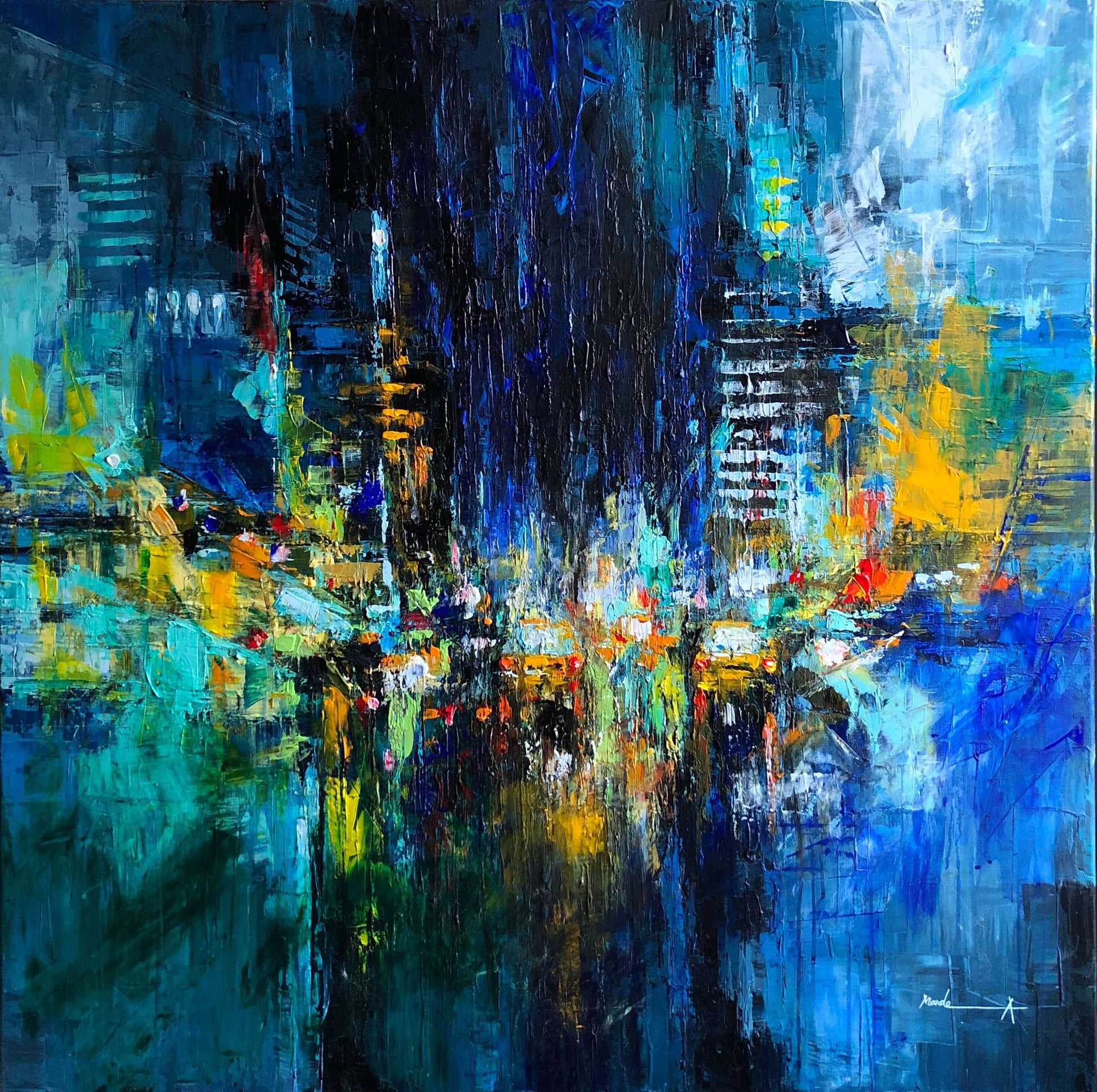 Abstract  cityscape painting with vibrant blue brushstrokes, yellow and orange accents, depicting an energetic urban landscape with architectural elements emerging from layered color