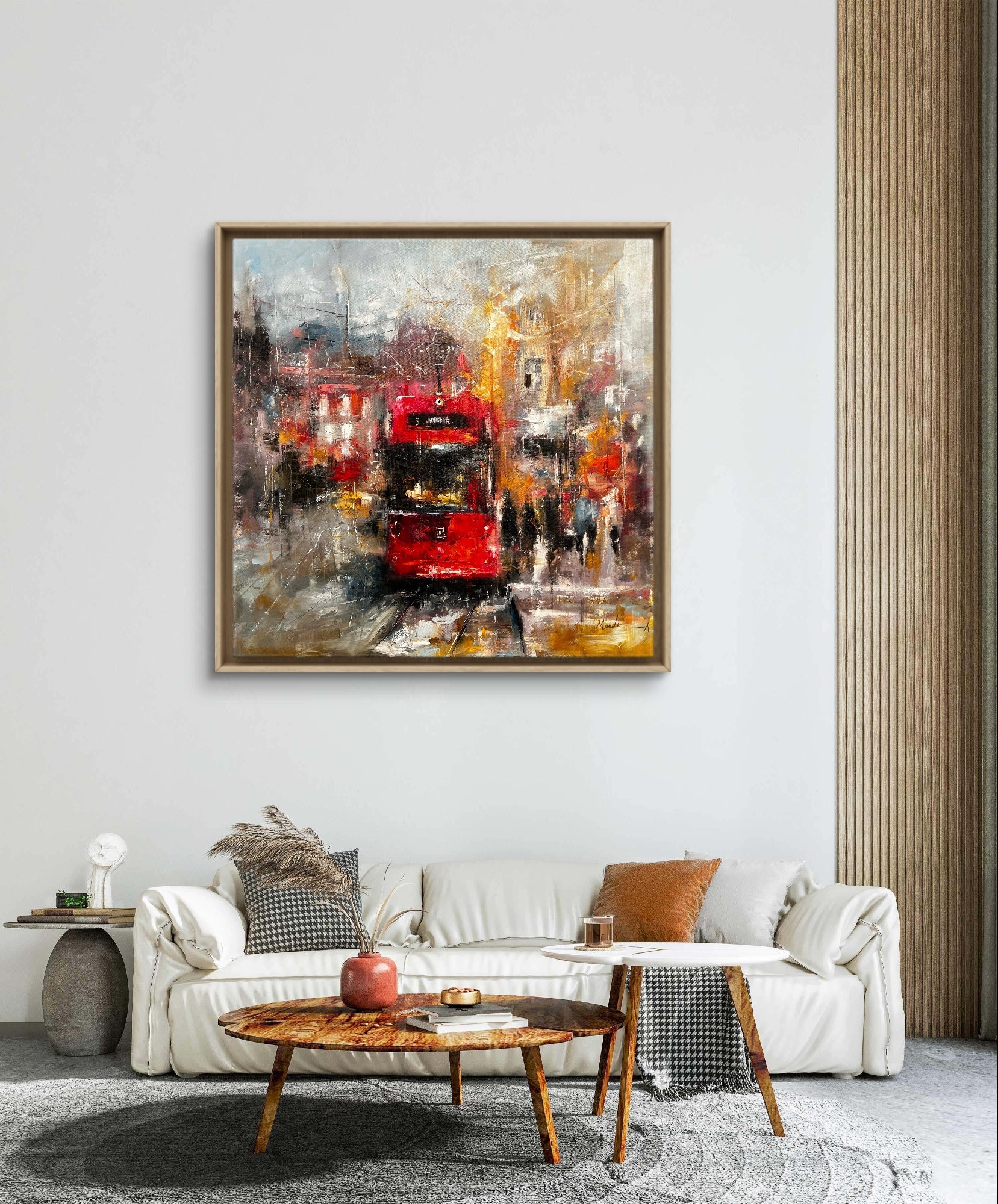 Living room with a large abstract painting of a red tram 