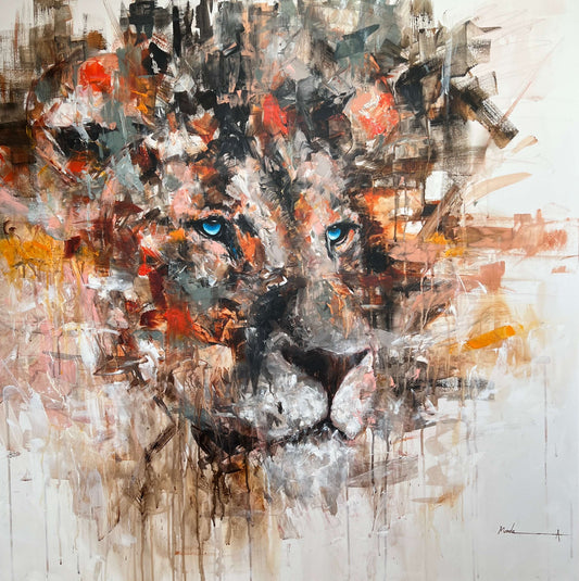 Abstract painting of a lion's face with bold colors on a white background
