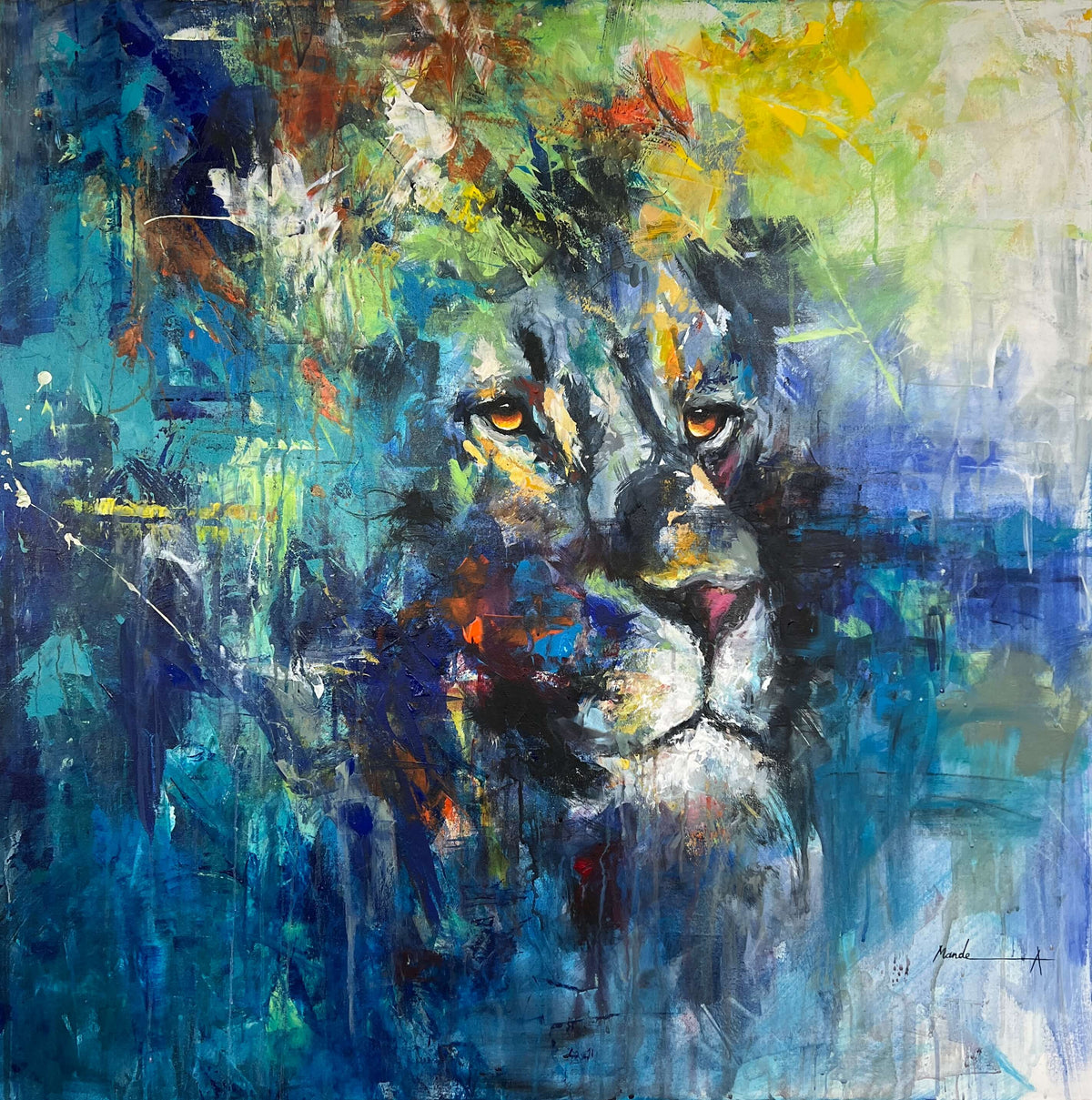 Abstract painting of a lion's face with vibrant colors