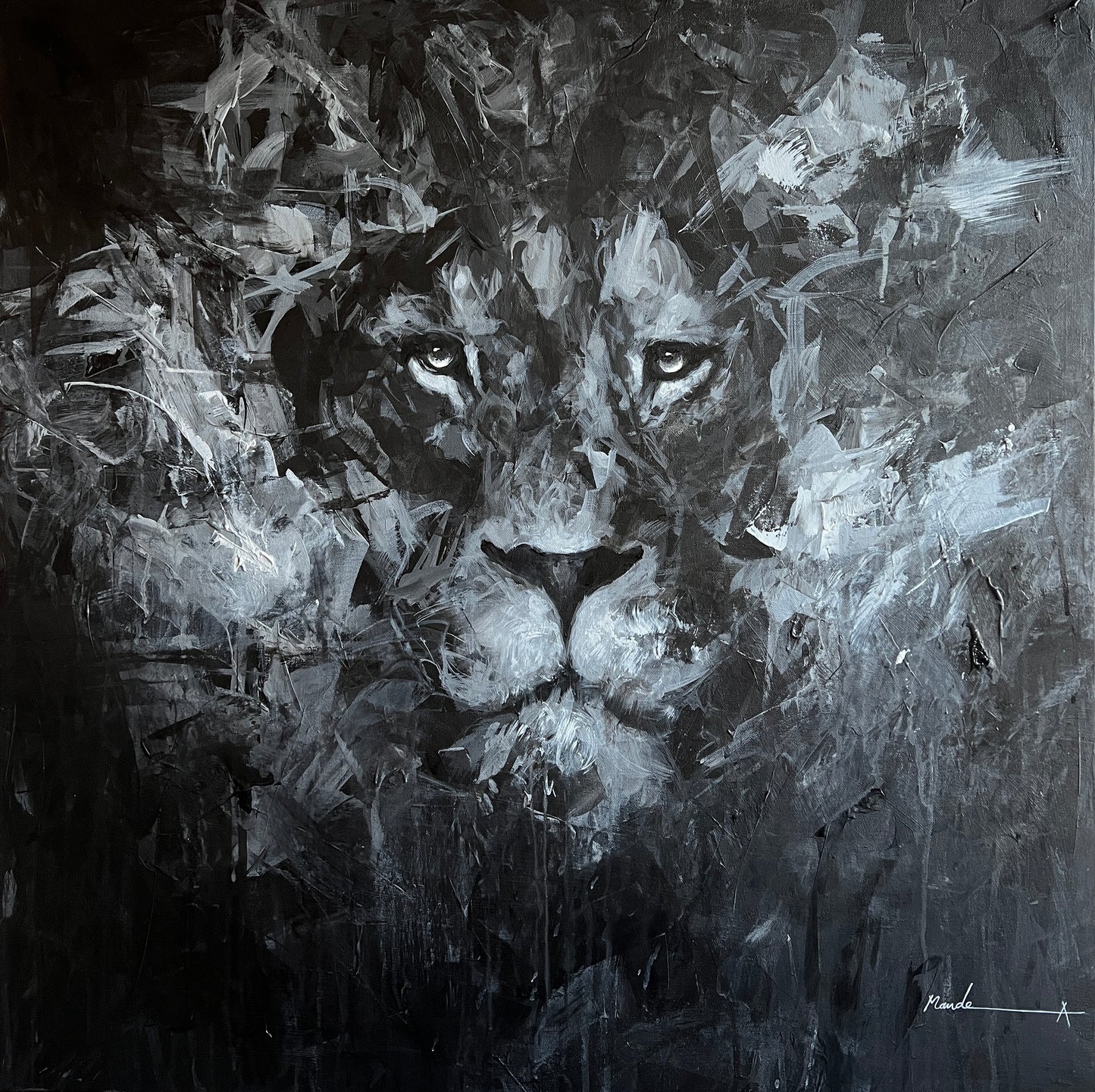Abstract lion painting in monochromatic tones with dramatic brushstrokes and intense eyes