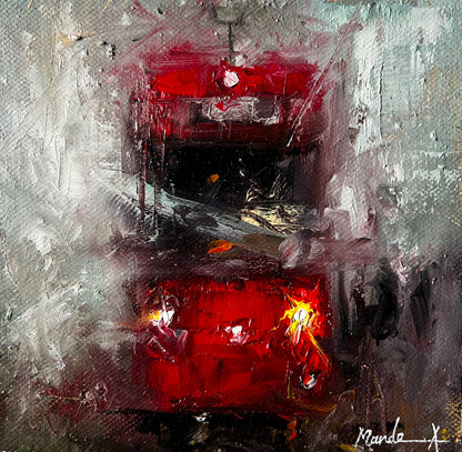 Abstract painting of a red street tram on a textured gray background