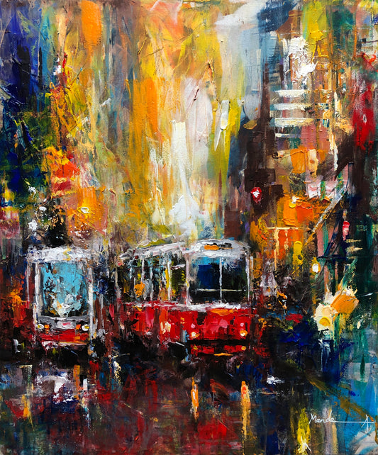 Abstract cityscape painting with a tram and colorful street lights