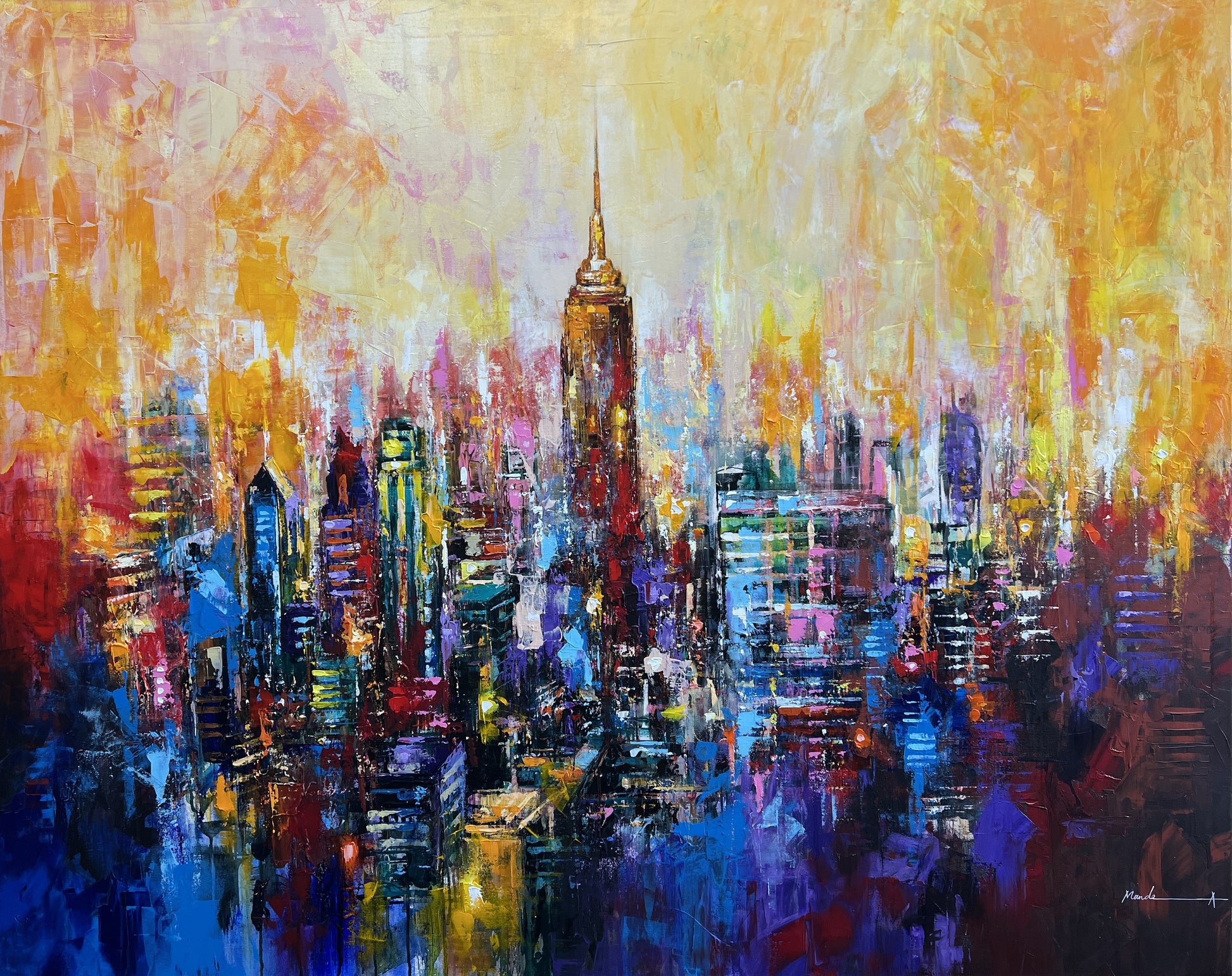 New York City Abstract cityscape painting with prominent skyscrapers Empire State building