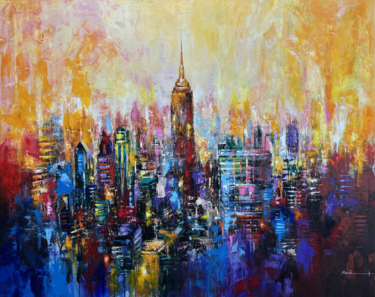 New York City Abstract cityscape painting with prominent skyscrapers Empire State building