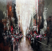 An abstract cityscape painting featuring tall dark buildings and cars with reflection 

