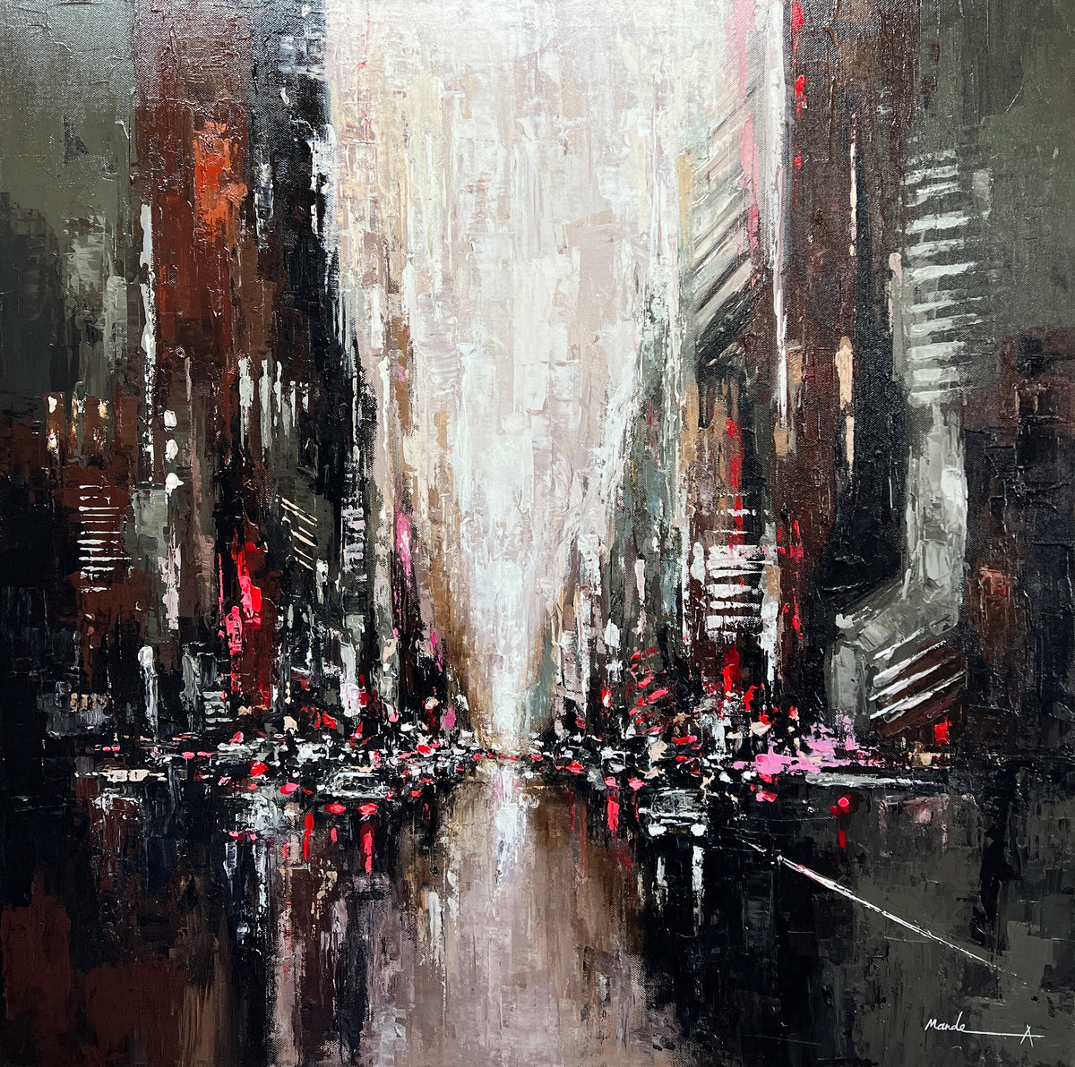 An abstract cityscape painting featuring tall dark buildings and cars with reflection 

