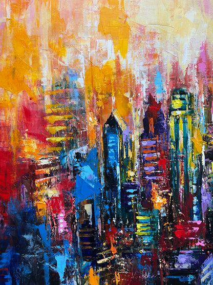 New York Abstract cityscape painting with vibrant colors detail view
