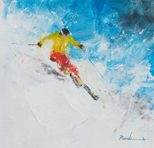 Artistic depiction of a skier in action with a colorful background