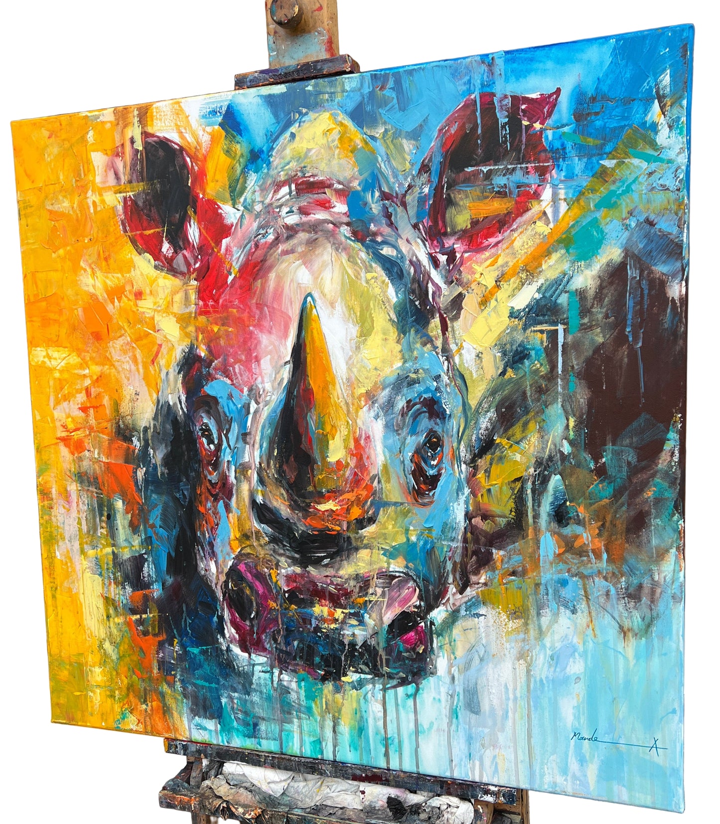 Rhino artwork displayed on easel