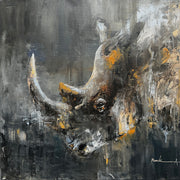 An abstract painting of a rhinoceros head,