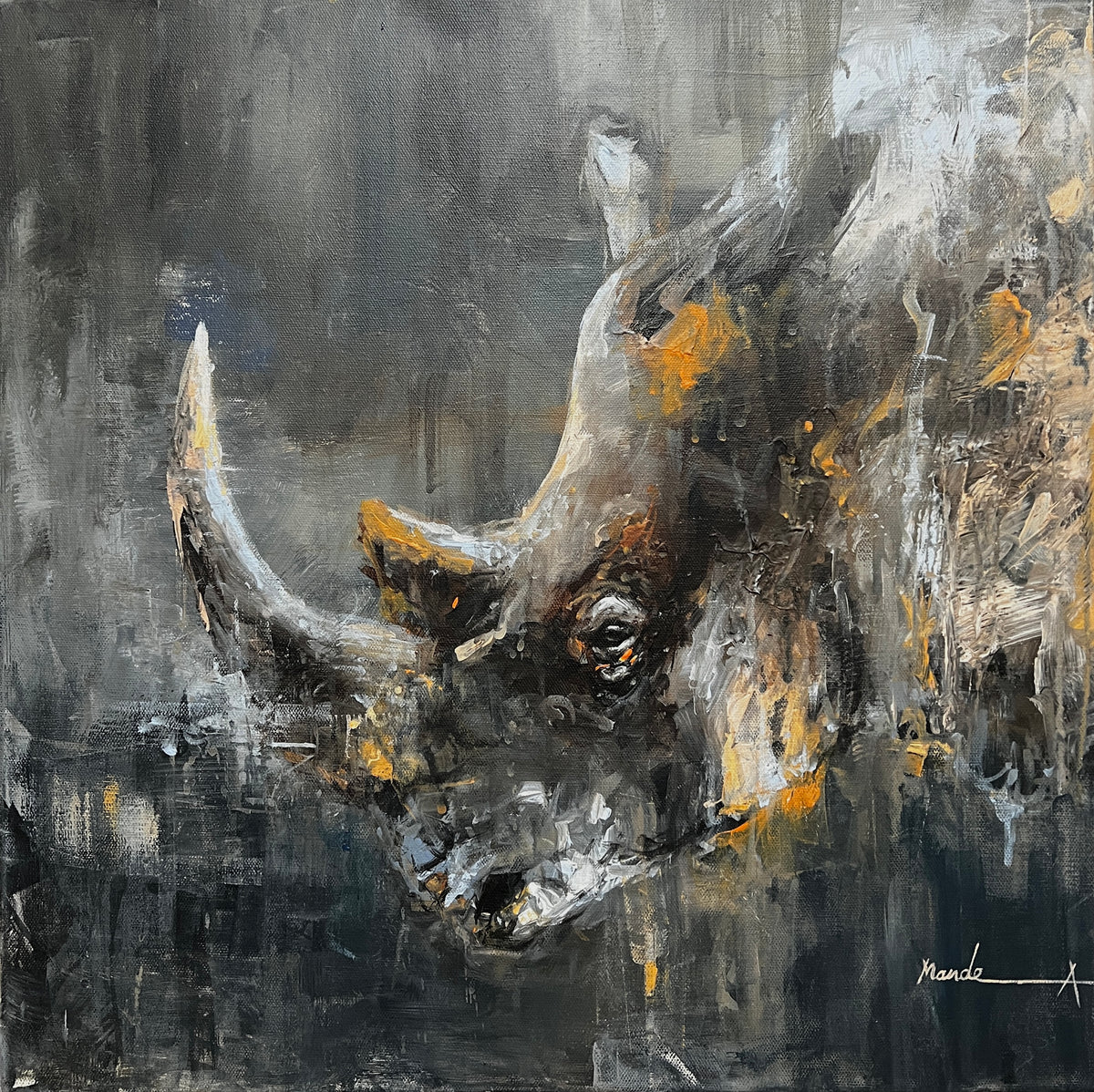 An abstract painting of a rhinoceros head,