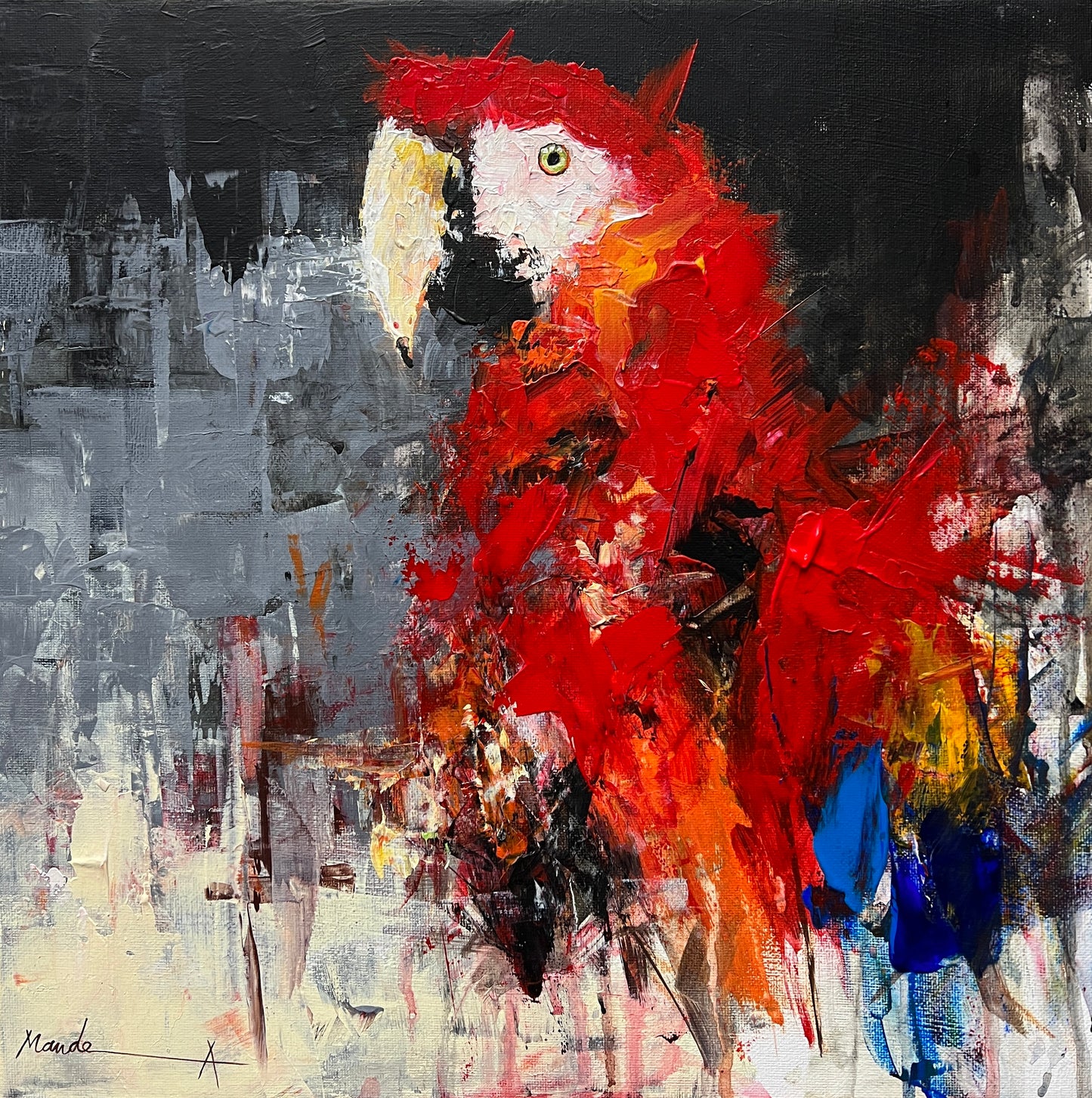 Abstract painting of a red parrot with vibrant orange and red plumage against a gray and blue background, painted in bold expressive brushstrokes
