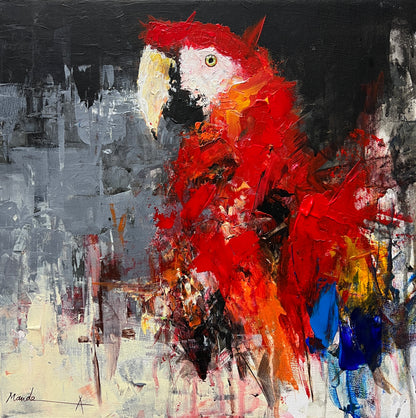 Abstract painting of a red parrot with vibrant orange and red plumage against a gray and blue background, painted in bold expressive brushstrokes
