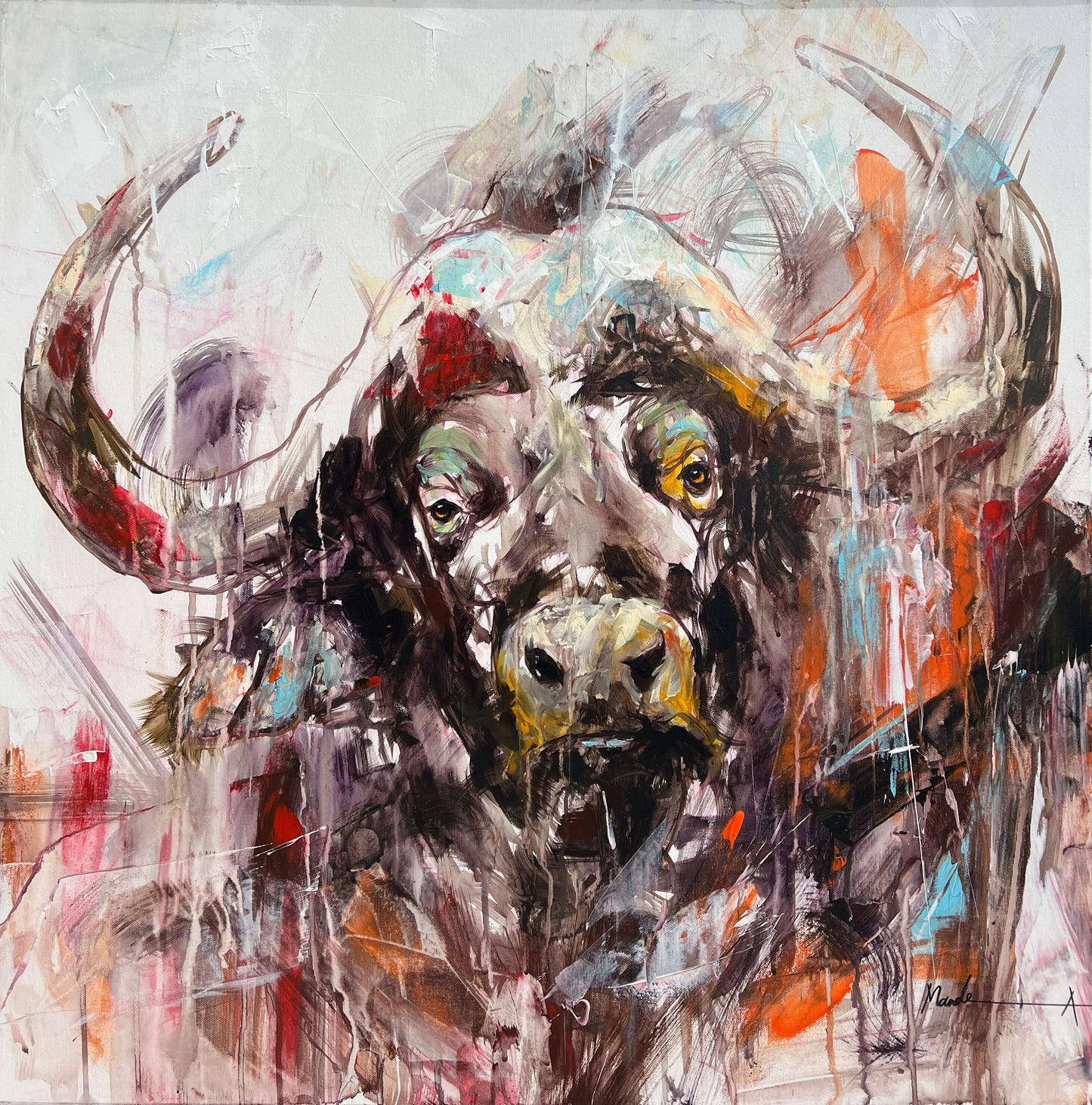 Abstract painting of a buffalo head with golden eyes, rendered in expressive brushstrokes using grays, browns, oranges, and blues against a textured background