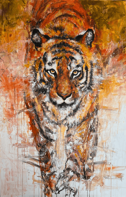 Artistic depiction of a tiger with a textured background painting of a tiger
