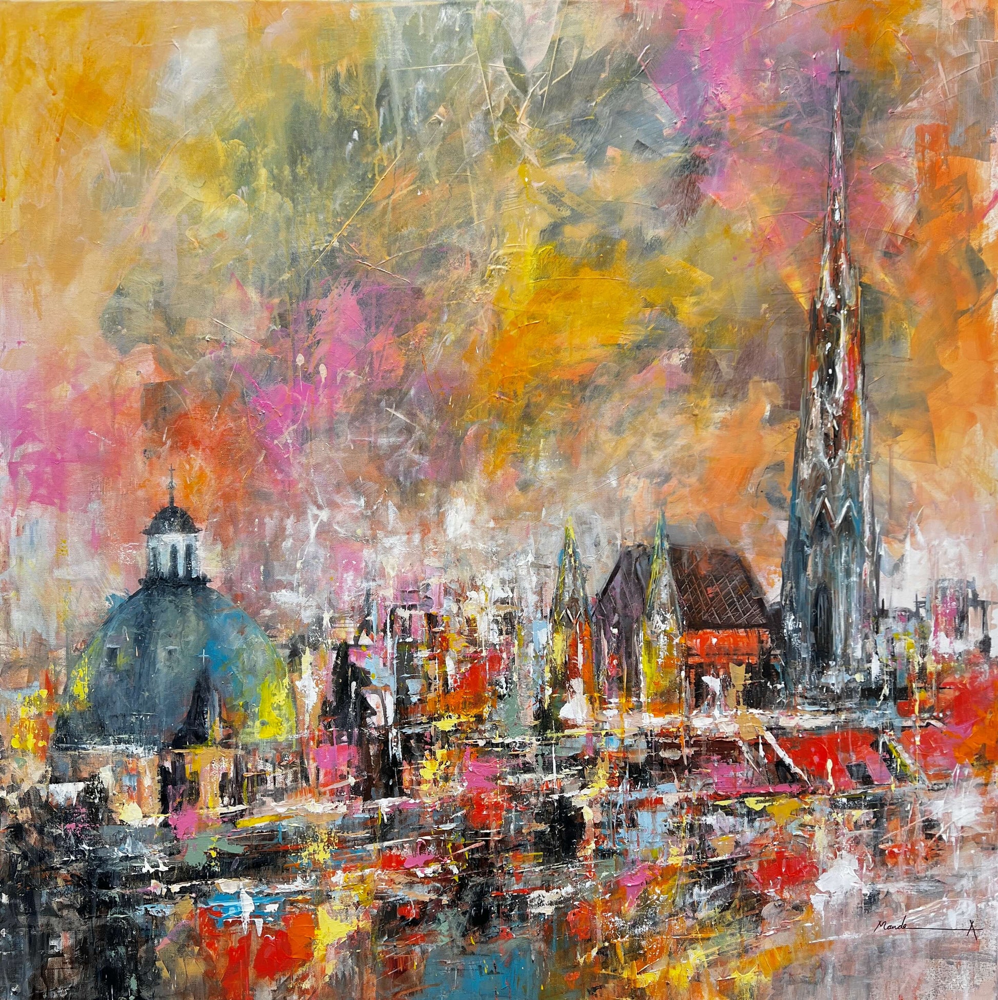 Abstract vienna cityscape painting with colorful brush strokes