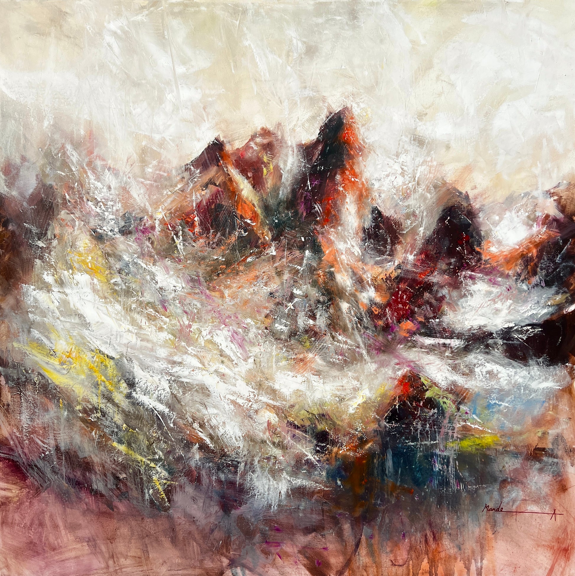 Abstract impression of the Wilder Kaiser mountain range, with rugged peaks in fiery browns and whites, expressing raw natural power and atmospheric light — painting by Mandea art