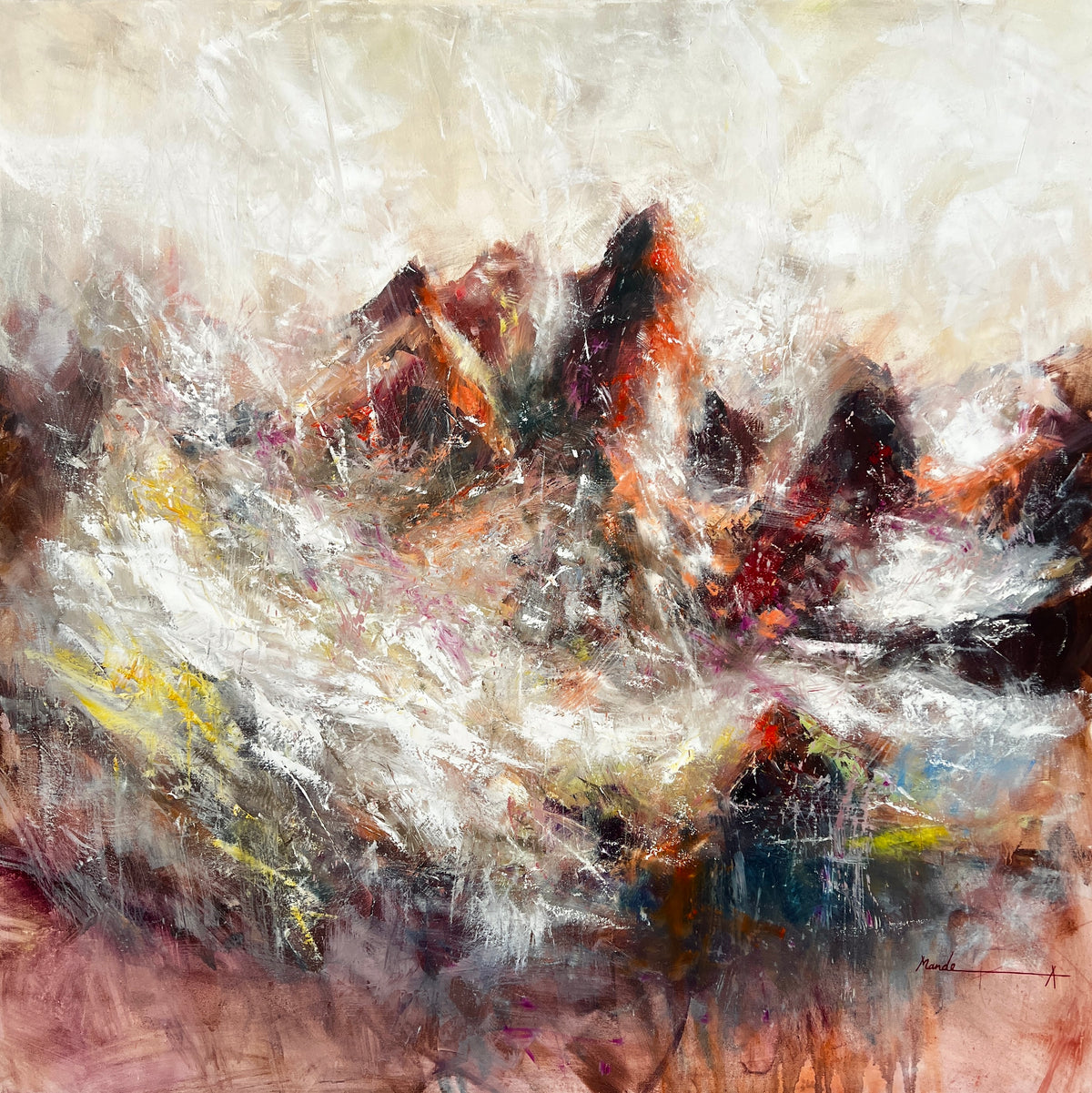 Abstract impression of the Wilder Kaiser mountain range, with rugged peaks in fiery browns and whites, expressing raw natural power and atmospheric light — painting by Mandea art