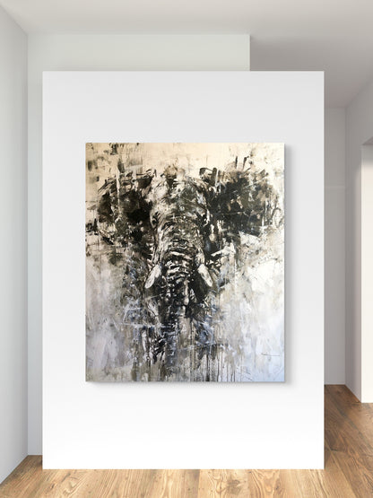 Abstract elephant painting on a white wall in a minimalistic room.