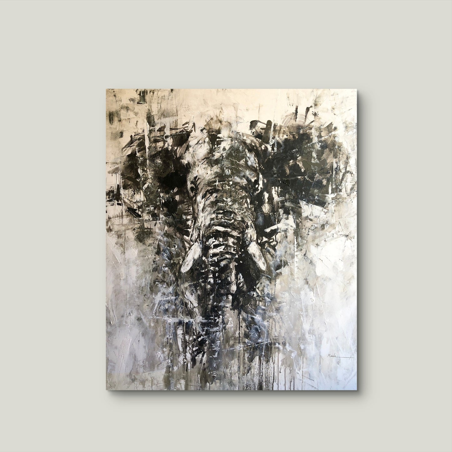 Abstract painting of an elephant on a light gray background