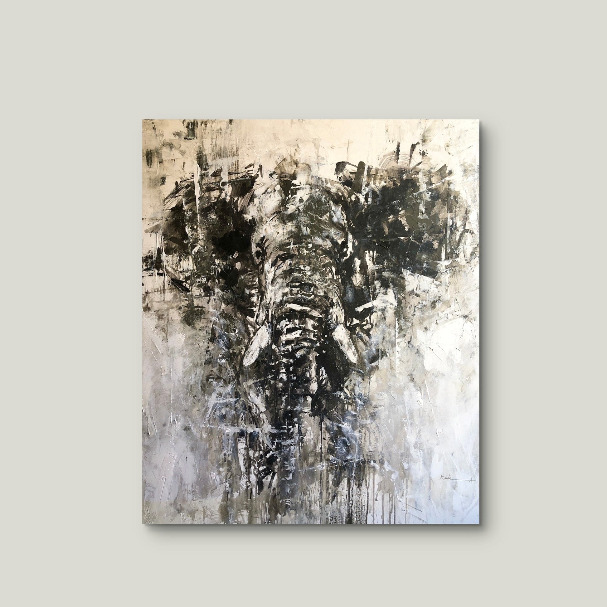 Abstract painting of an elephant on a light gray background