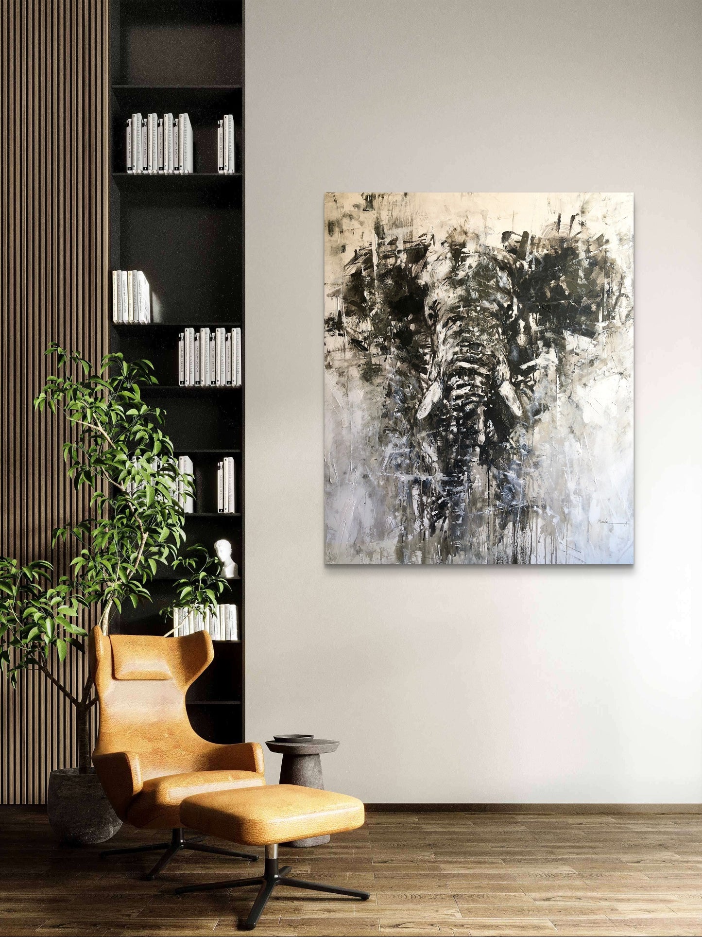 Elephant Abstract black and white painting  on wall