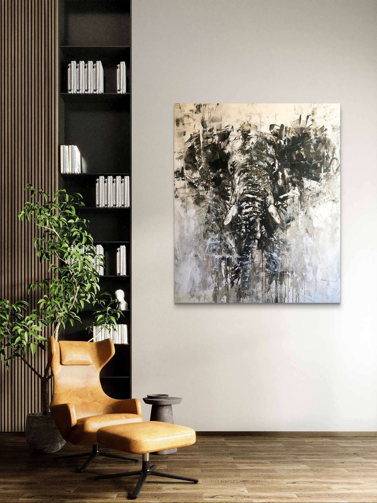 Elephant Abstract black and white painting  on wall