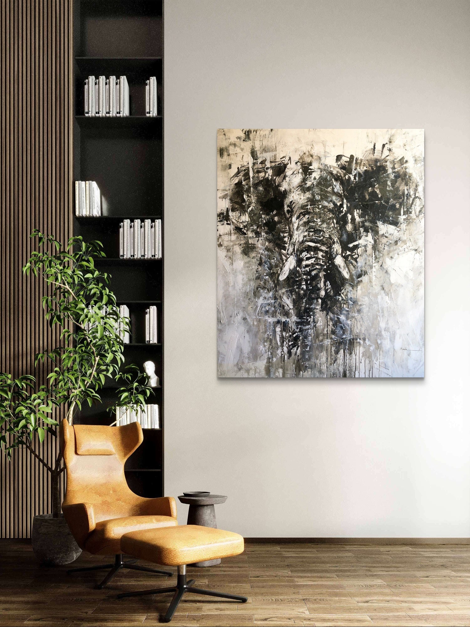 Elephant Abstract black and white painting  on wall