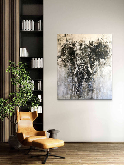 Elephant Abstract black and white painting  on wall