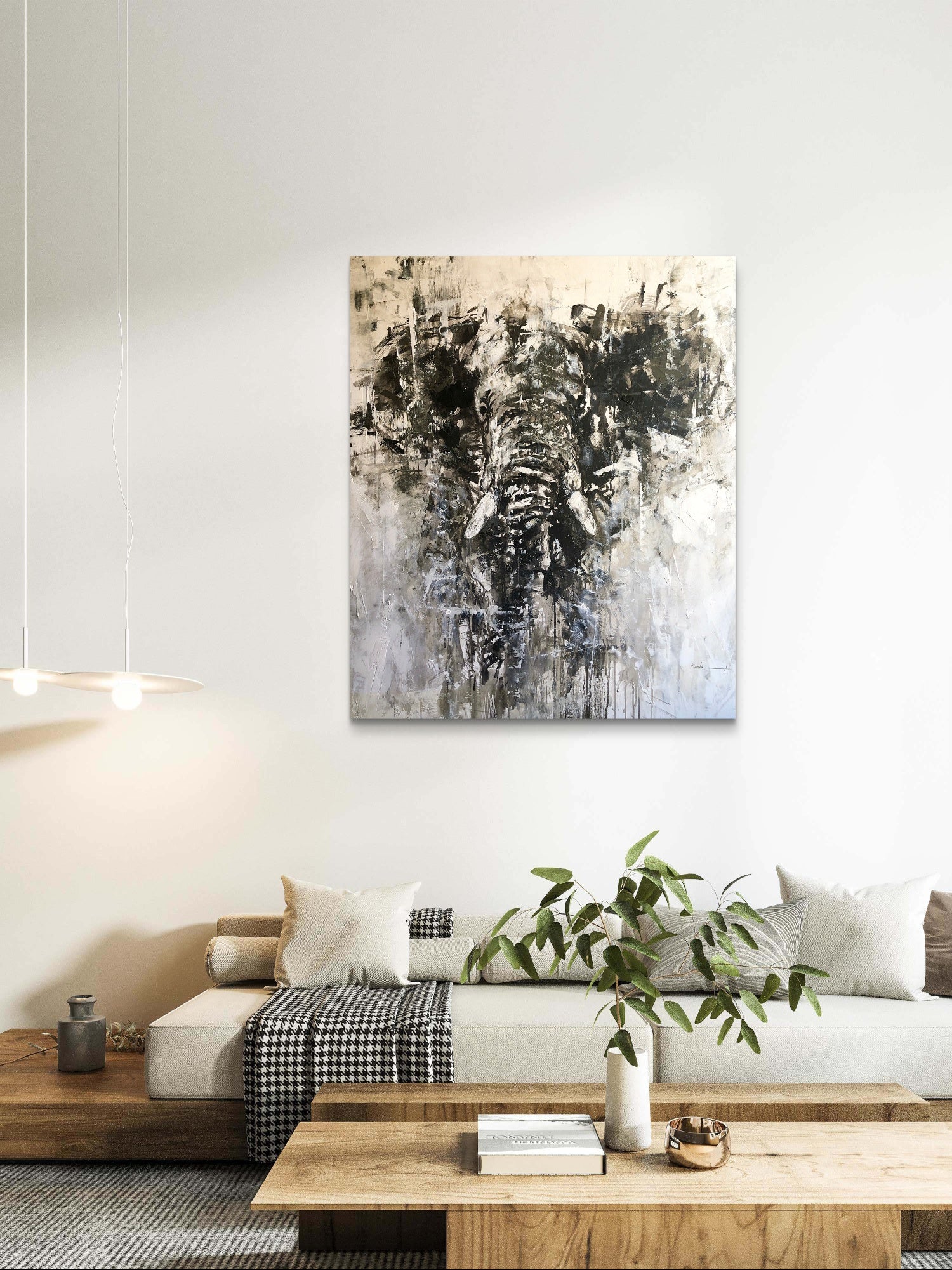 Abstract elephant painting on a wall in a modern living room