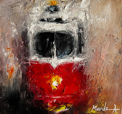 Original oil painting of vintage red tram, textured impasto artwork, classic streetcar fine art with expressive brushstrokes.
