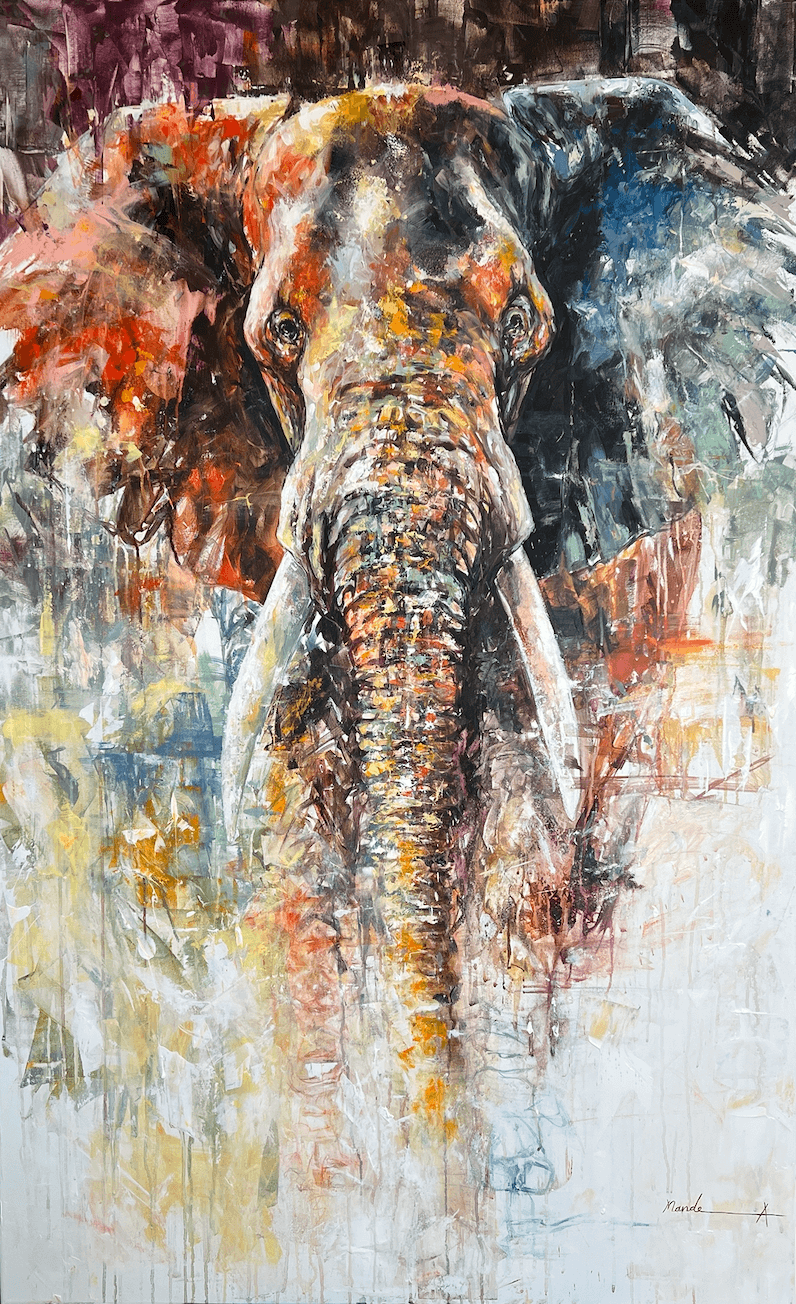 Abstract painting of an elephant with a colorful background